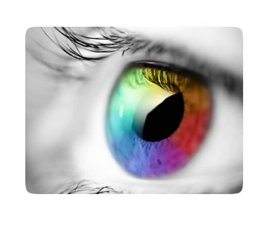 Closeup of human eye with colored reflection